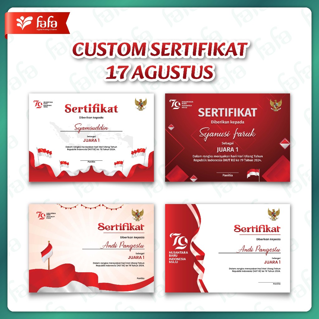 

Cetak Sertifikat/Piagam Penghargaan Lomba Kemerdekaan 17 Agustus Murah (FREE DESIGN & CUTOM DESIGN)