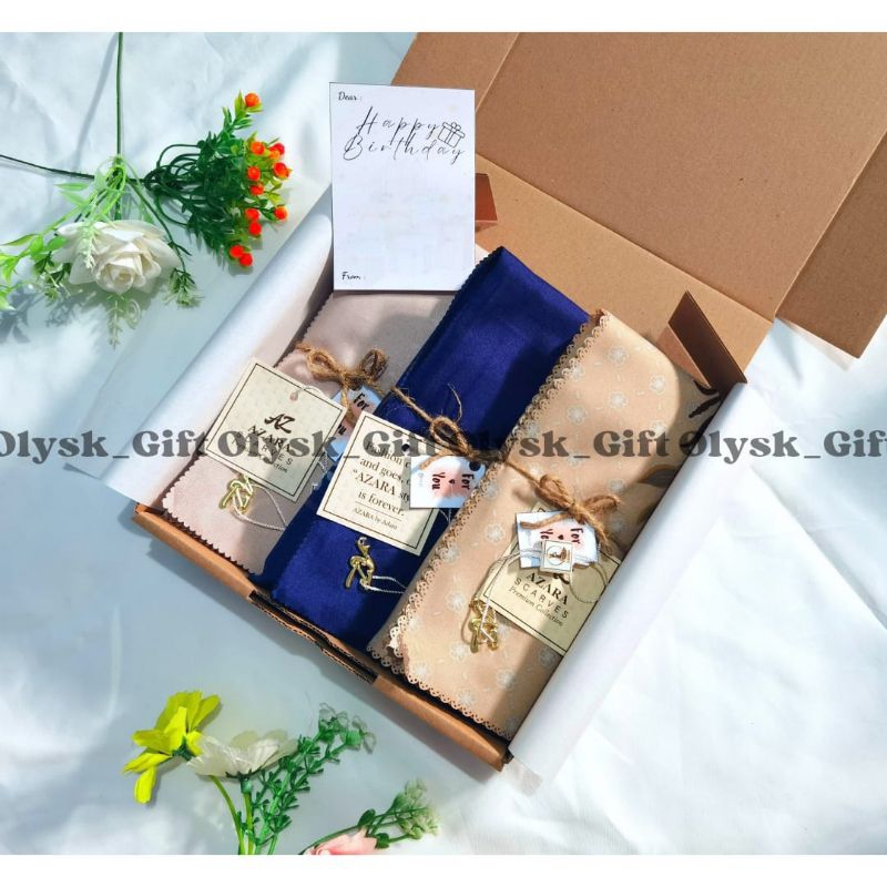 Hampers Makassar| Giftbox Jilbab Azara Motif Premium| Kado Ulang Tahun, Wisuda, Sempro, Anniversary,