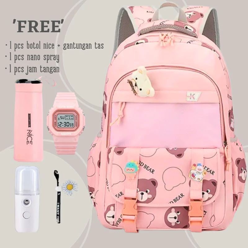 BANYAK BONUSNYA 5IN1 Tas Ransel Sekolah Anak Perempuan Terbaru Motif TEDDY BEAR Gratis Botol Minum K