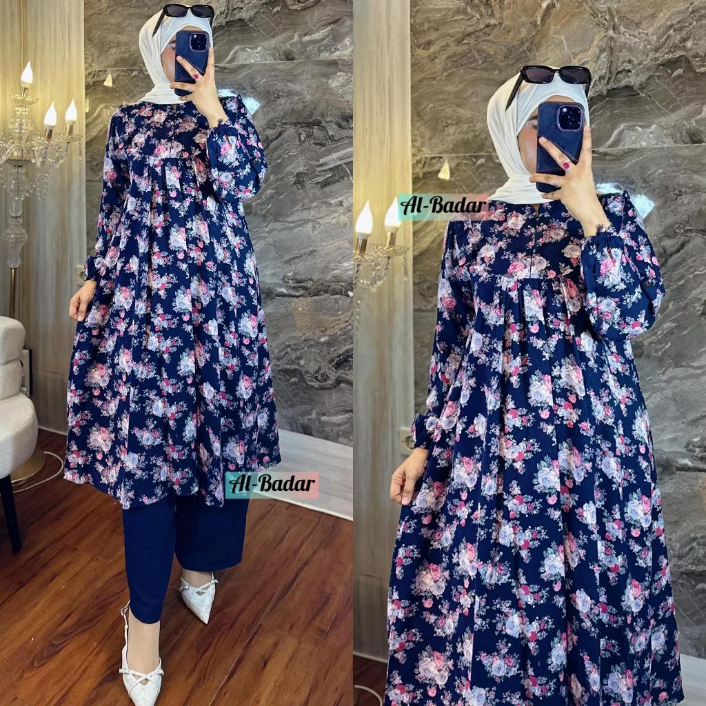 SETELAN CELANA TUNIC KATUN RAYON PREMIUM KEKINIAN MOTIF BUNGA MIC CRINGKEL