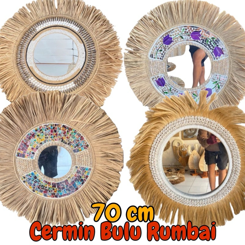 Cermin Bulu Rumbai 70 cm - Cermin Rumbai - Cermin agel - Cermin Kerang - Hiasan Dinding - Mirror Dec