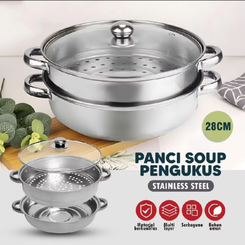 KUKUSAN STAINLESS 2 Susun 28cm Tutup Kaca Langseng Murah Wajan Besar