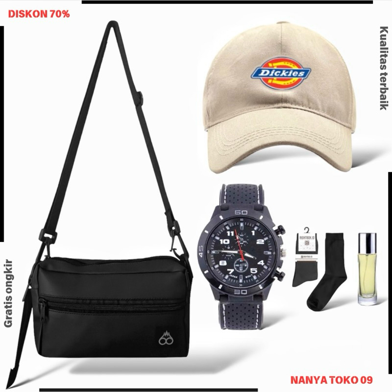 PAKET MENYALA PRIA 5IN1 tas selempang sling bag pria beli tas gratis jam tangan topi kaos kaki dan p