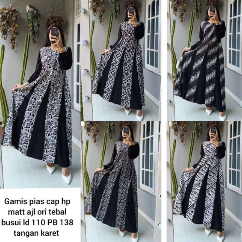 Gamis Pias Hitam Putih (Gamis Batik Cap Malaman)