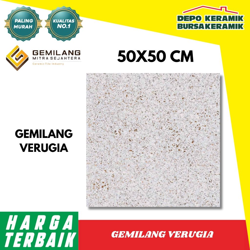 Keramik Motif Terrazo 50x50 VERUGIA GREY -GEMILANG- Glossy&Marble