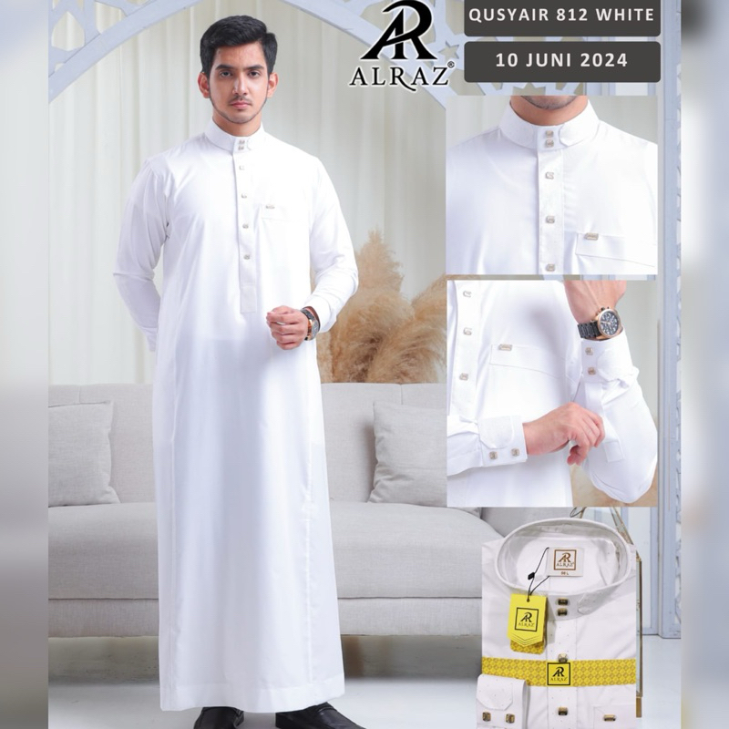 ALRAZ Gamis Putih Premium Dewasa Lengan Panjang Manset ~ Baju Jubah Alraz Pria Cotton Premium Motif 