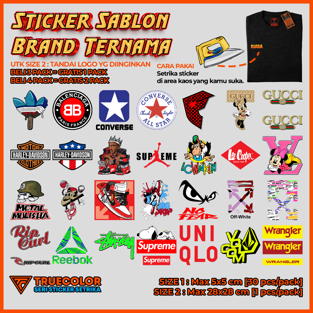 

TRUECOLOR (2 Size) Sticker Sablon Setrika Merek Terkenal Bahan Waterproof untuk Kaos