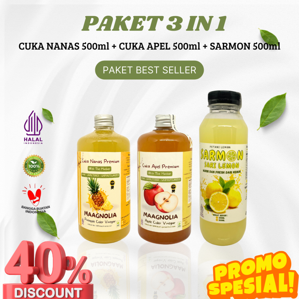 

Paket Hemat Cuka Nanas 500ml + Cuka Apel 500ml + Sari Lemon 500ml