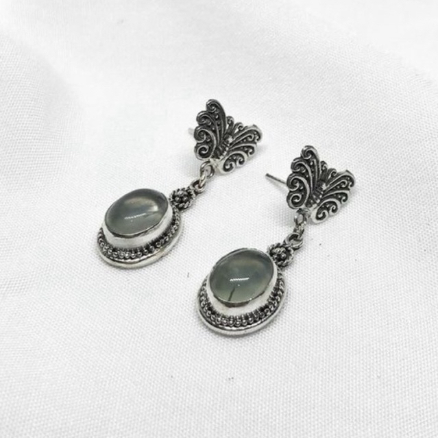 Anting Earrings Perak Silver Bali asli 925 Stud tusuk Giwang Batu Natural Labradorite Wanita Custom 
