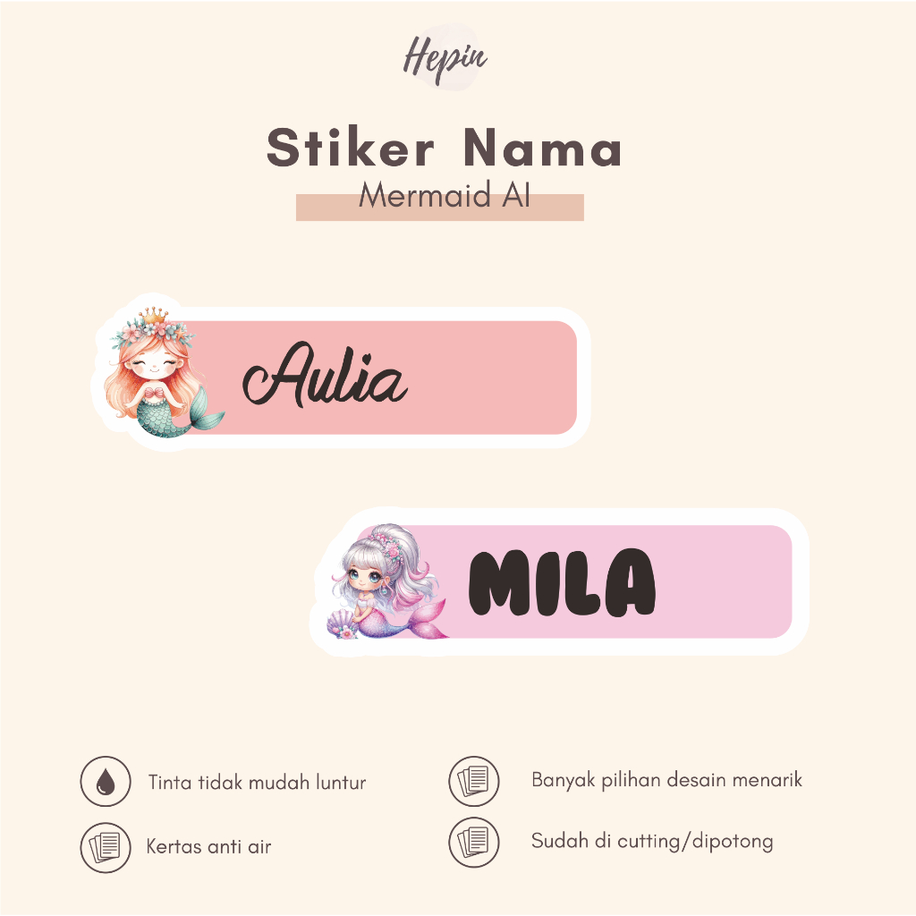 

(90 - 120 pcs) label nama cute MERMAID AI / Stiker Nama Anak Murah / Label Nama Custom/cutting stiker nama anda