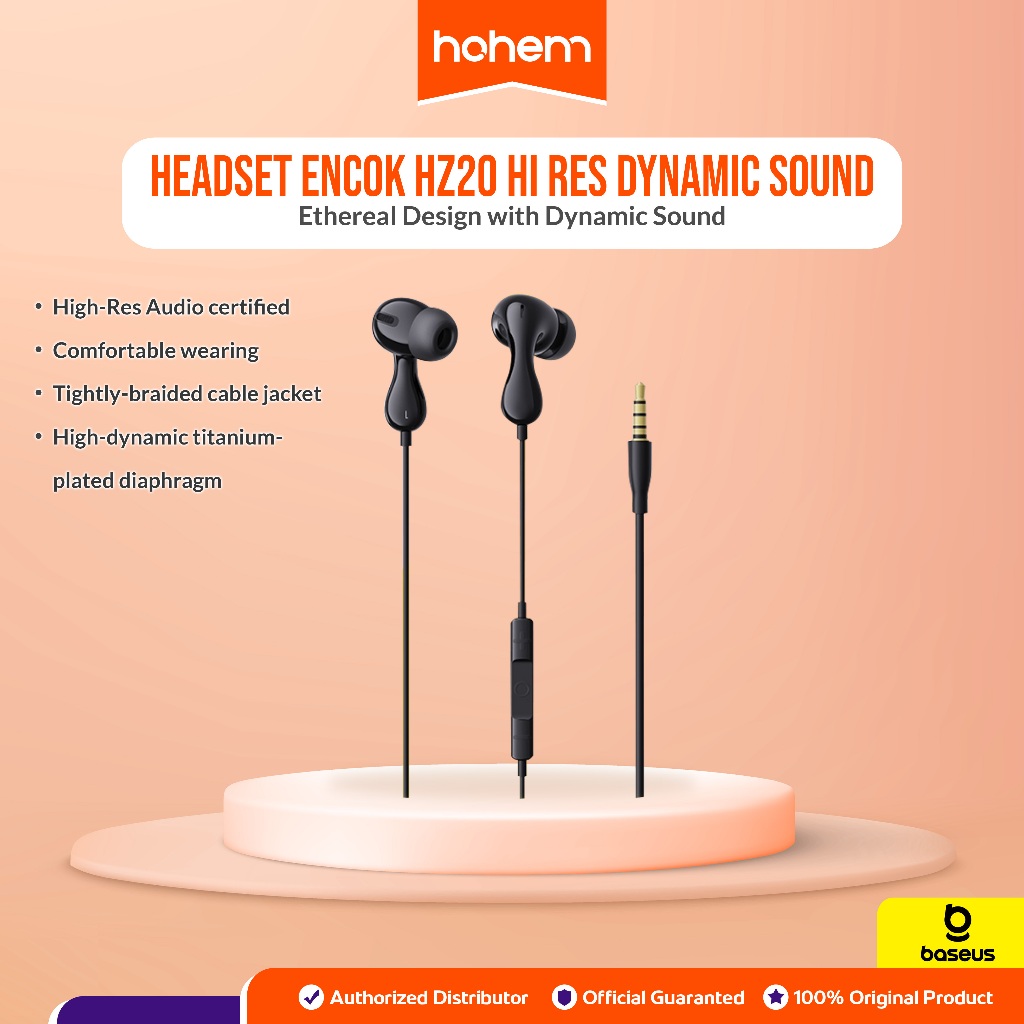 Baseus Headset Encok HZ20 Hi Res Dynamic Sound Jack Audio 3.5mm Wired Earphone Handsfree Kabel Ori O