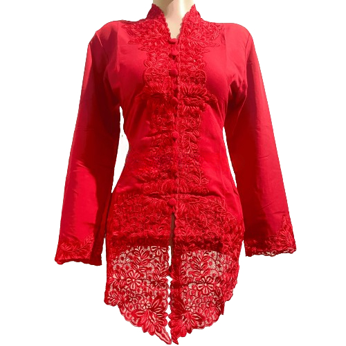 Kebaya Encim Merah Bordir Bunga Senada Tangan Panjang