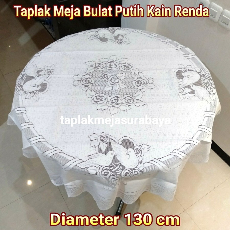 Taplak Meja Bulat Bundar 130cm Kain Putih Renda Vintage Tebal Merpati