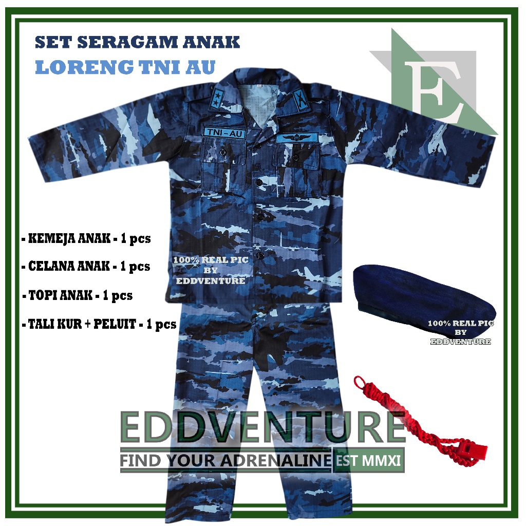 Satu Set Setelan Pakaian Seragam Celana Baju Lengan Panjang Anak Loreng Tni AU Angkatan Udara Pria W