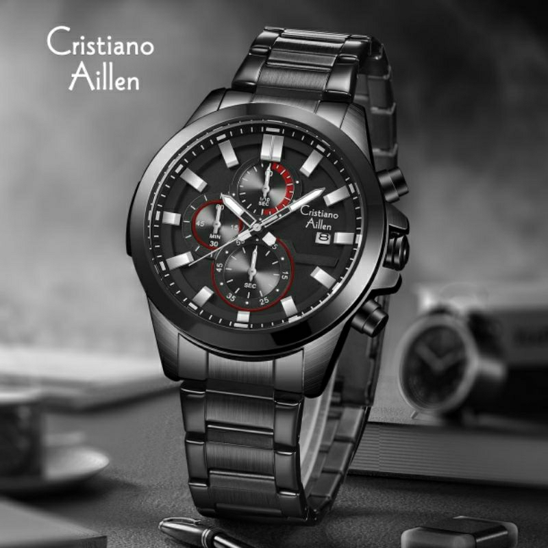 Jam Tangan Pria CRISTIANO AILLEN 8892 Rantai Black Chrono & Date Aktif Original