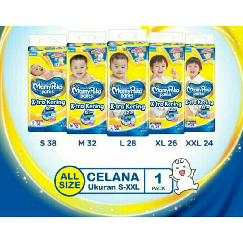 MAMYPOKO Pants Xtra Kering NBS44 S38 M32 L28 XL26 XXL24 Mami Poko Popok Bayi Mamy Poko