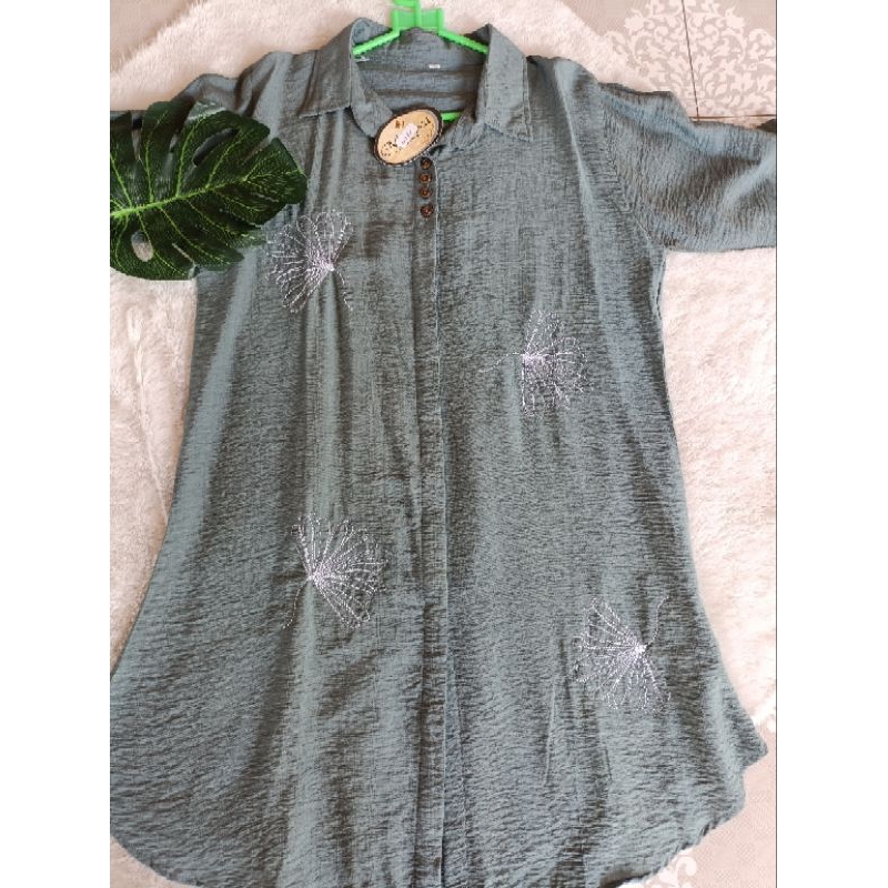 tunik crinkle bordir hijau mint sage