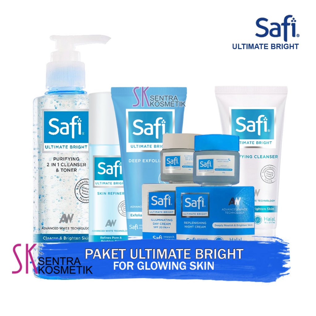 SAFI Paket Ultimate Bright Day + Night Cream Purifying Cleanser 1 set Skincare Glowing White Expert