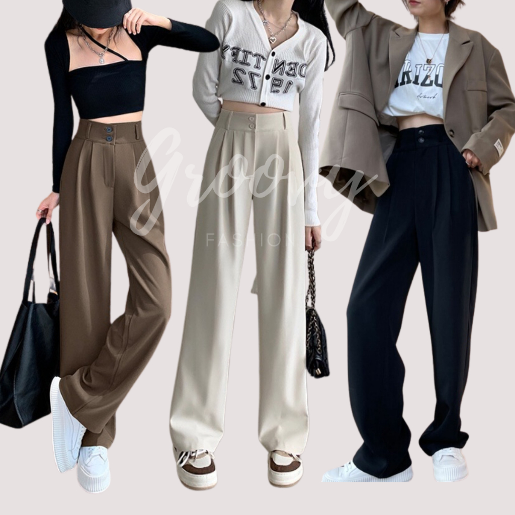 Celana Highwaist Anti Kusut  Bahan Premium Polyester Tebal  - Loose Pants Panjang Casual