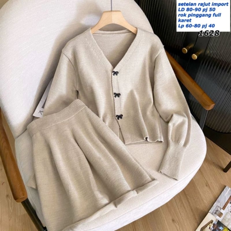 1628 Setelan rok rajut kancing vneck bahan rajut import