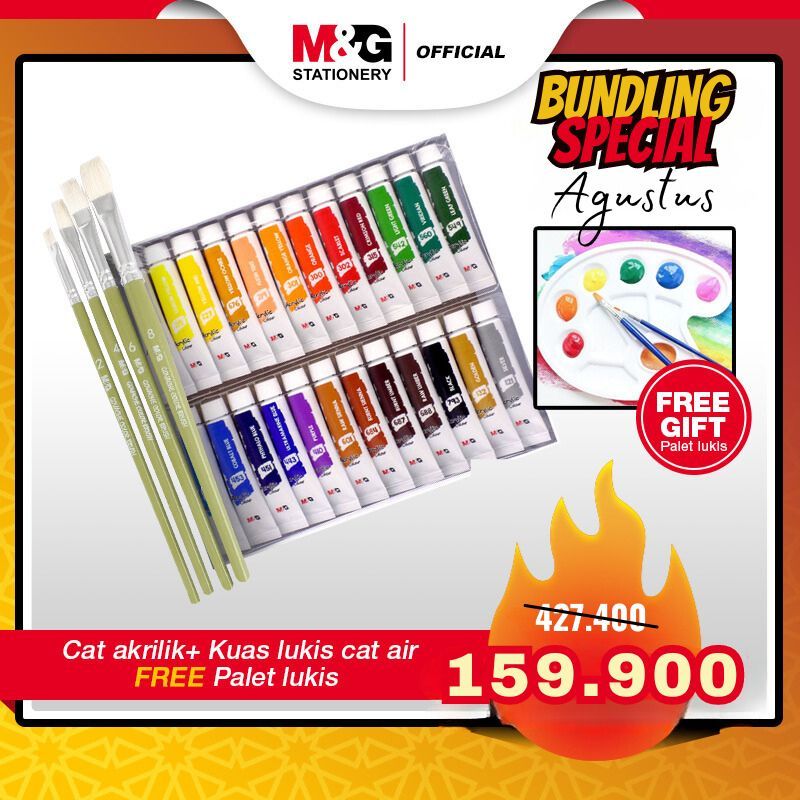 

BUNDLE M&G Kuas Lukis Cat Air Set 4Pcs Painting Brush Gouache + Pallette Paint Tray 10 cells + Acrylic Paint / Cat Akrilik Anak 24 Warna