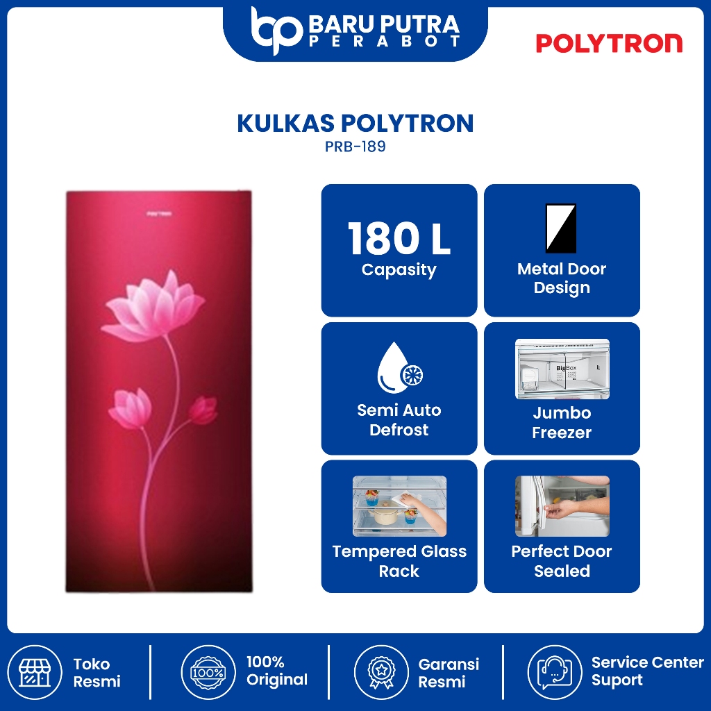 Kulkas 1 Pintu Polytron PRB-189 Merah 180Liter Garansi Resmi