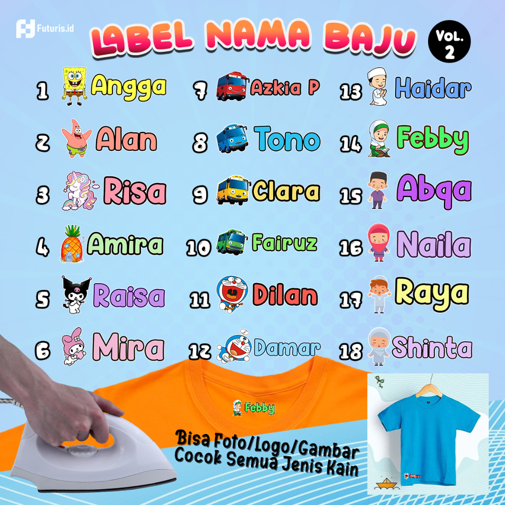

54pcs STIKER BAJU NAMA CUSTOM - Vol.2 Tanpa Background / Stiker Kain Kaos Lucu/ Setiker Setrika
