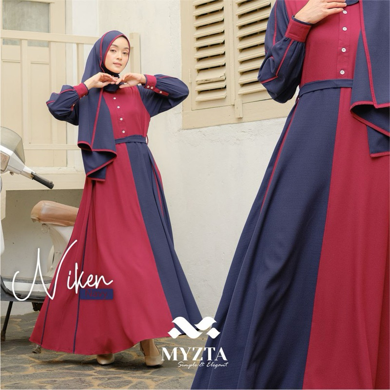 MYZTA | DRESS GAMIS SYARI SET PASMINA NIKEN BUSUI POLOS TWO TONE
