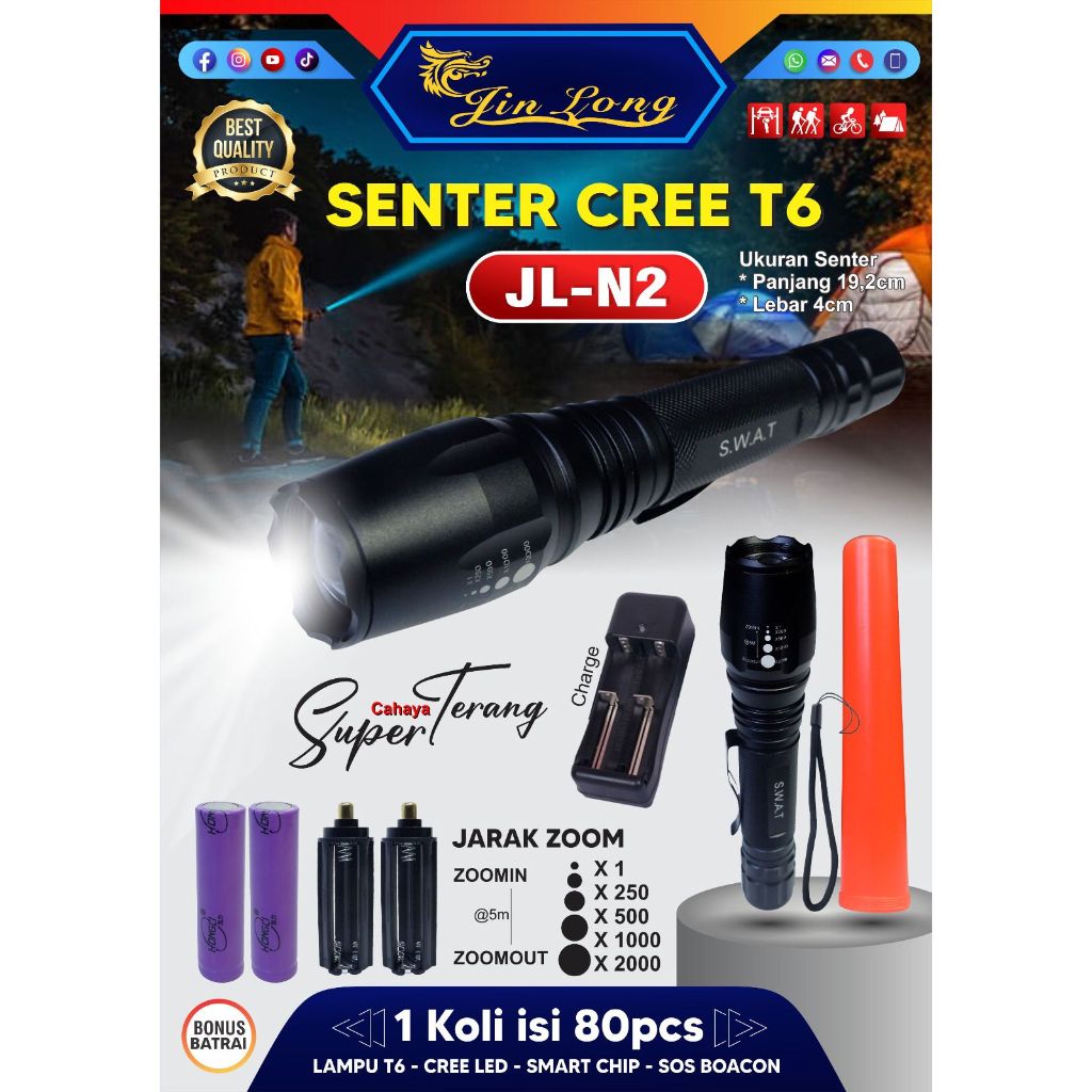 Senter Swat 2 Baterai 18650 JL N2 JINLONG/Senter Swat Super Terang Bagus Original/ Senter Police Pol