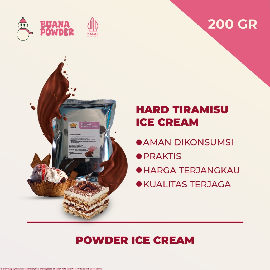 

BUANAPOWDER - BUBUK ES KRIM MURAH RASA TIRAMISU 200 gr / HARD TIRAMISU ICE CREAM POWDER