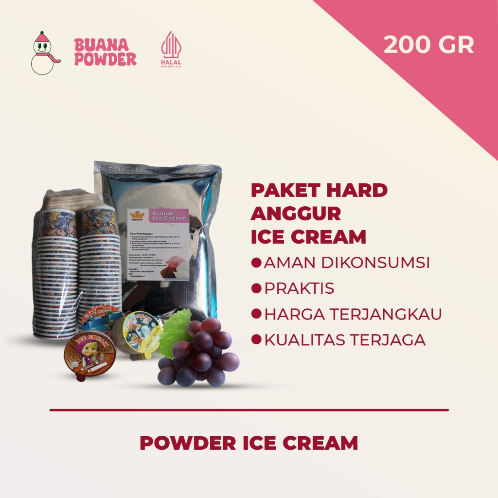 

BUANAPOWDER - PAKET BUBUK ES KRIM MURAH RASA ANGGUR 200 gr / PAKET USAHA ES KRIM RUMAHAN