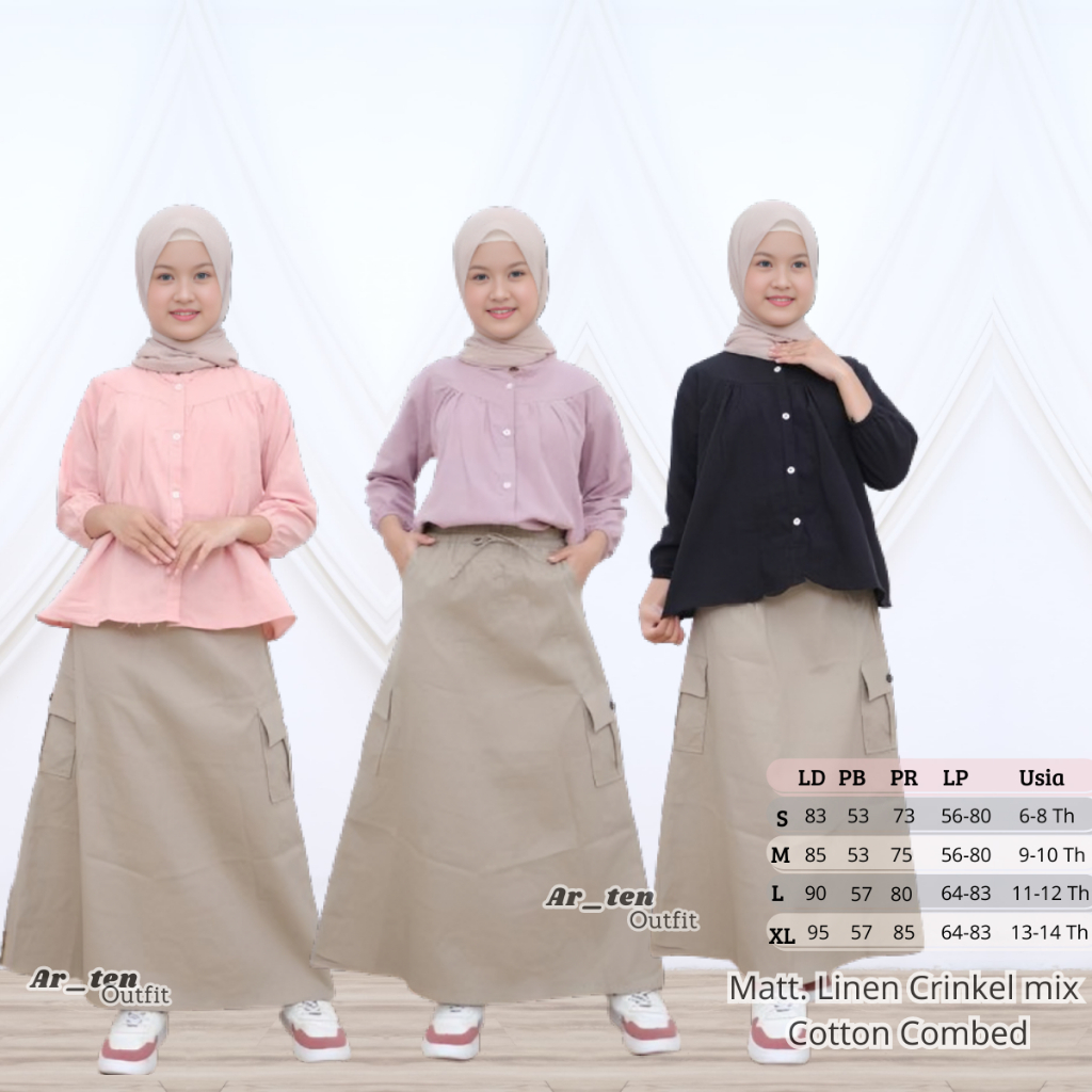 Setelan Cargo Anak Perempuan / Set Rok Cargo Anak Perempuan 6-14 Tahun / Setelan Rok Cargo Anak