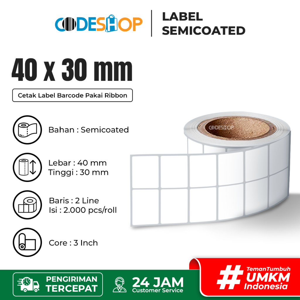 

Label Printer Barcode 40x30mm Semicoated Core Besar 3 Inci