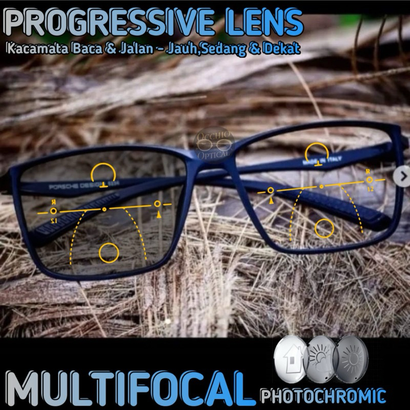 Kacamata (PROGRESSIVE) Photochromic Sporty Pria (Frame sangat Lentur) | Kacamata Baca dan Jalan | Ka