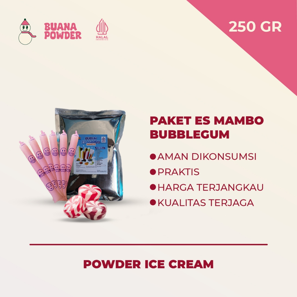 

BUANAPOWDER - PAKET BUBUK ES MAMBO BUBBLEGUM / ES LILIN MAHKOTA 250 gr