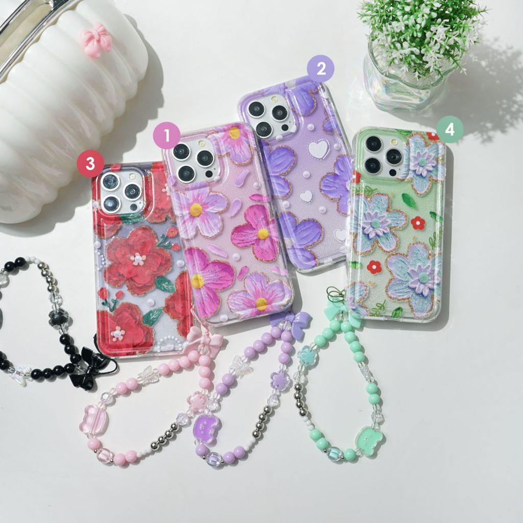 Softcase Motif Bunga + Strap Lucu Gantungan Handphone  Softcase Xioami Poco c65/Redmi Note 12/Redmi 
