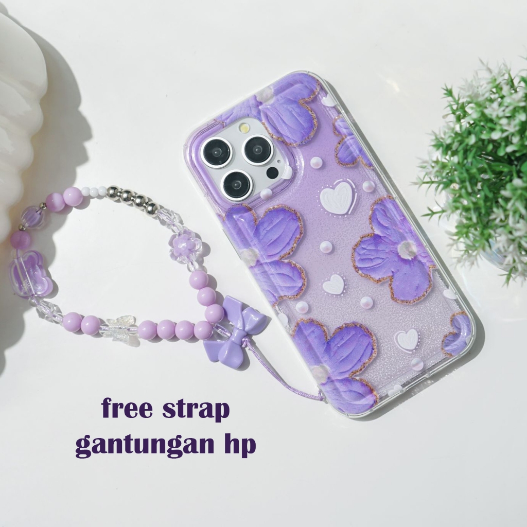 Softcase Motif Bunga + Strap Lucu Gantungan Handphone  Softcase Oppo Reno 5F/Reno 11 5G/Reno 5/A5S/A