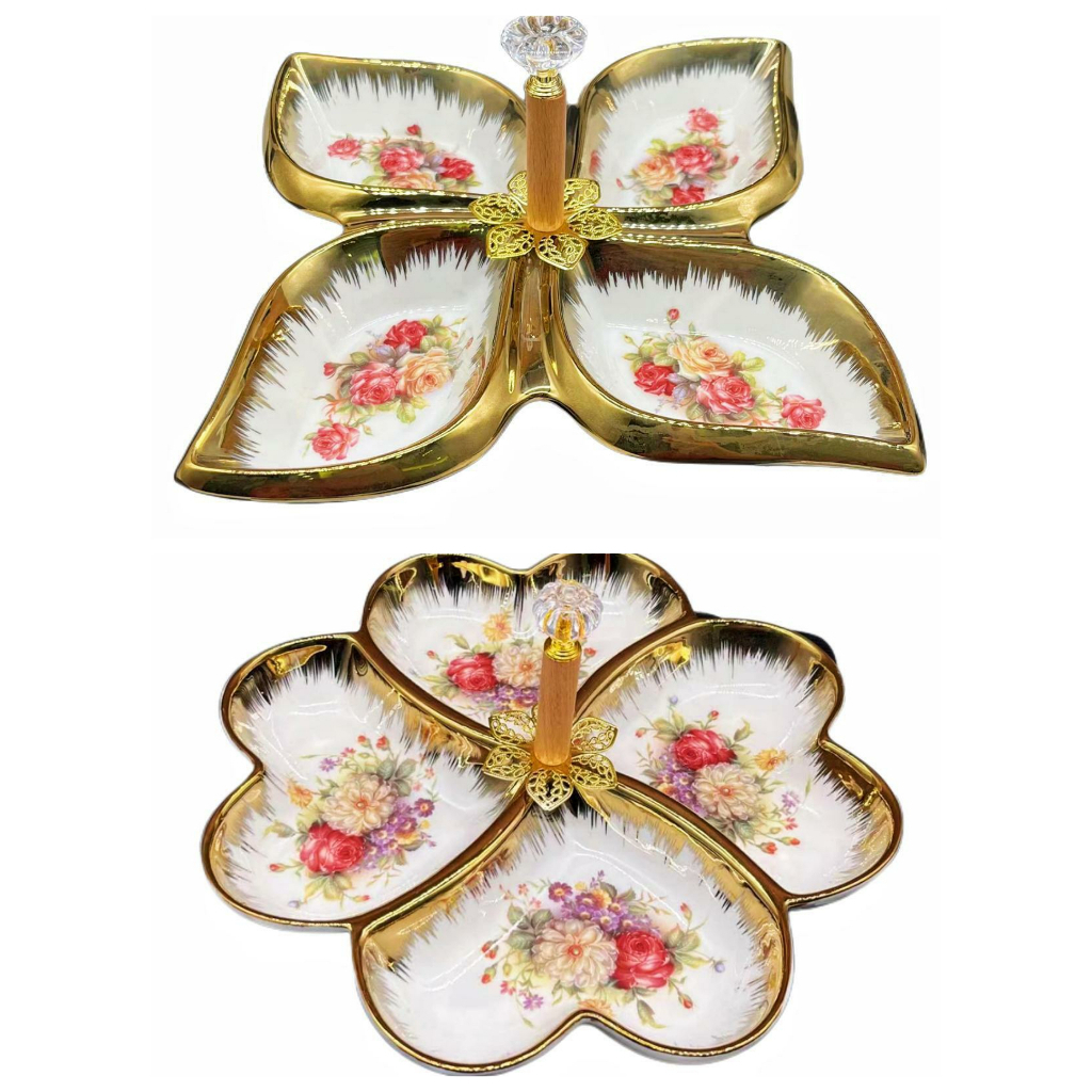Piring Saji 4 Sisi Keramik Motif Bunga Rose