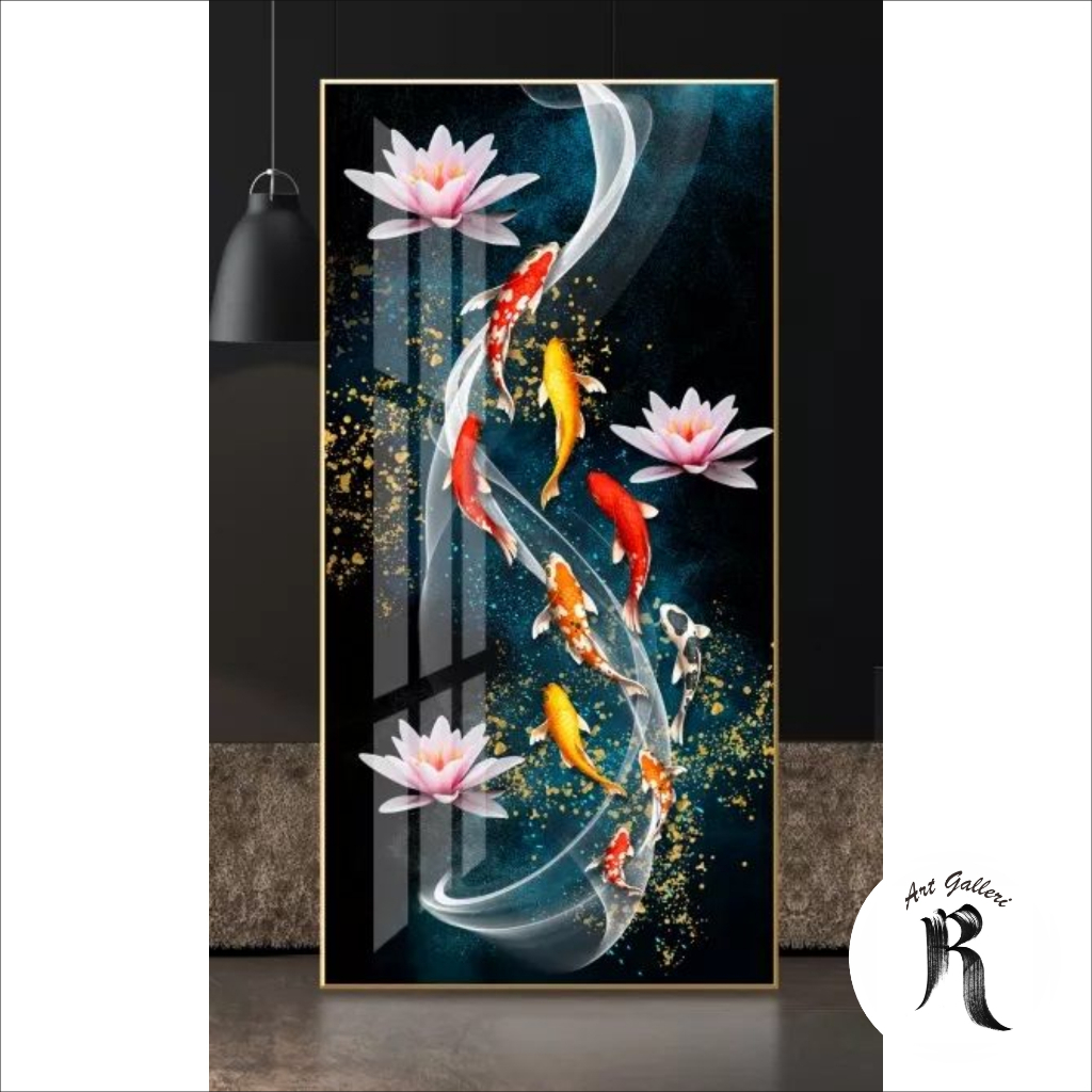 Lukisan ikan koi 9 ekor - lukisan kanvas ikan koi 9 ekor - lukisan plus frame - lukisan kanvas