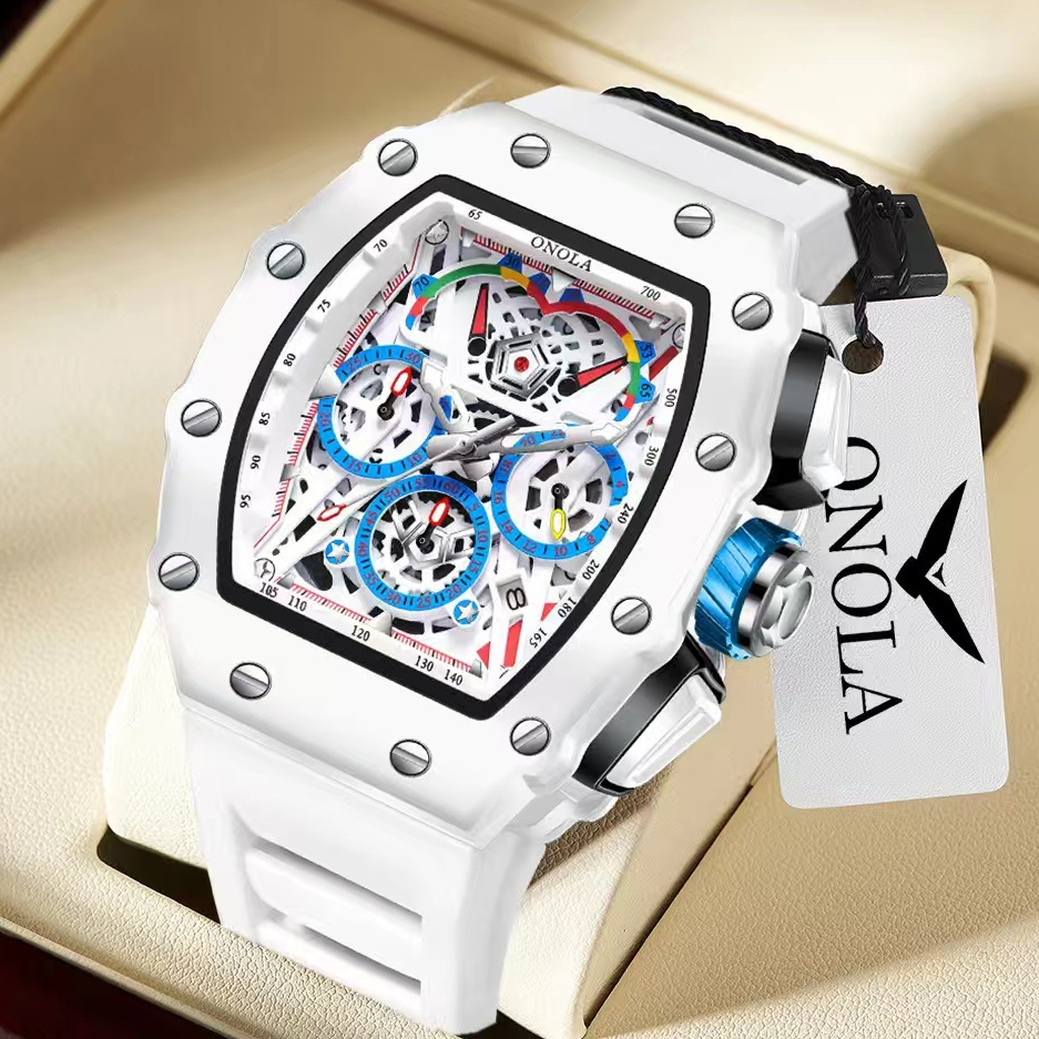 Luxury Watch Men's ONOLA Fashion Casual  Multifunctional Silicone Tape Waterproof Quartz Watch White