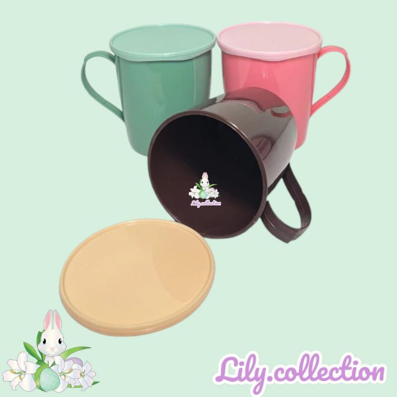 Mug Plastik Dengan Tutup & Gagang 400ml | Gelas Plastik | Gelas Estetik - LILYCOLLECTION