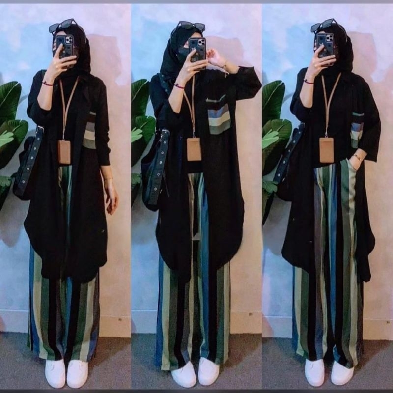 Pelangi Tunik Set warna kombinasi hijau biru mocca green maroon blue setelan cewek atasan celana bah