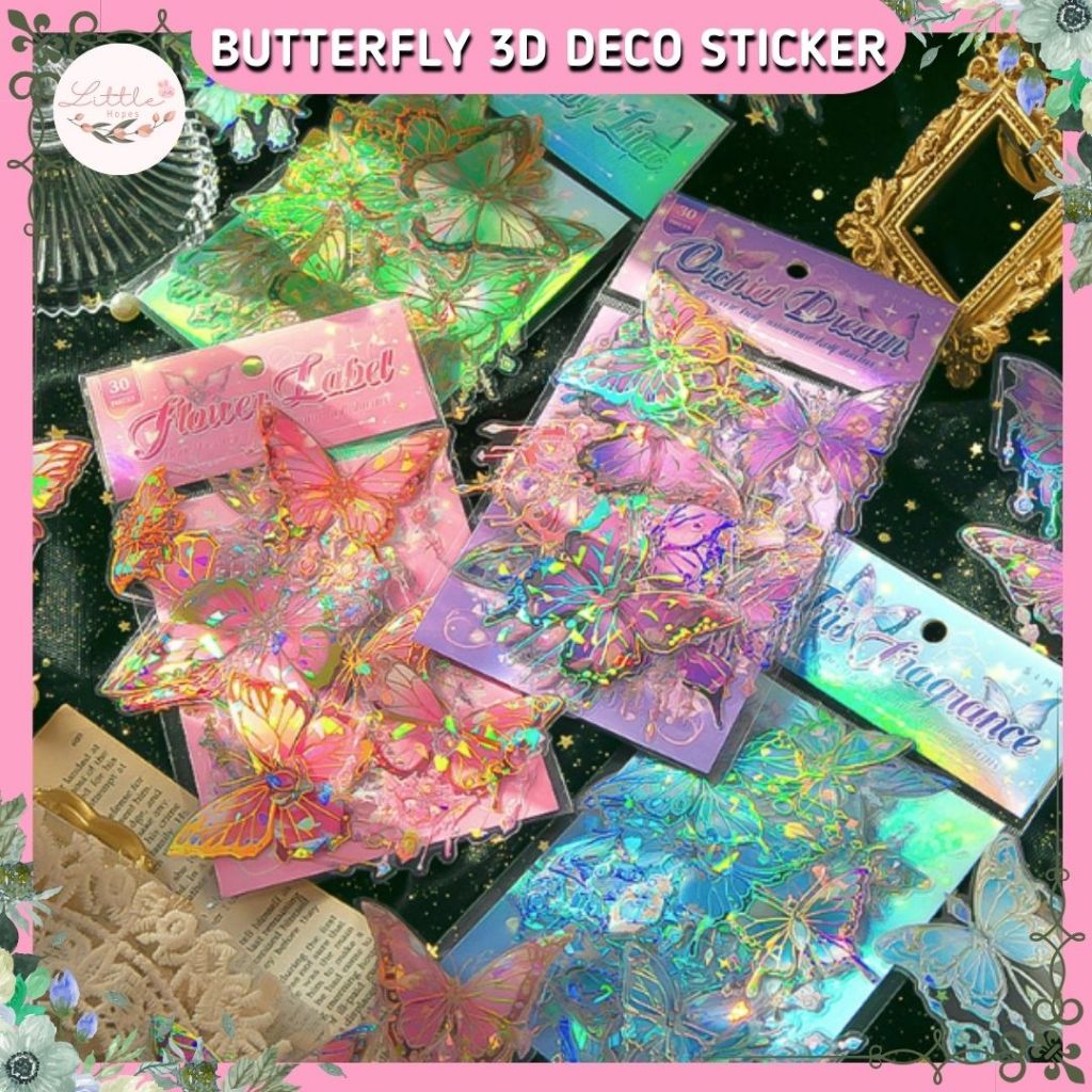 

Premium DIY 30 PCS Kupu Kupu Butterfly 3D PET Sticker Deco Pack Material Gold Shell Vintage Journal