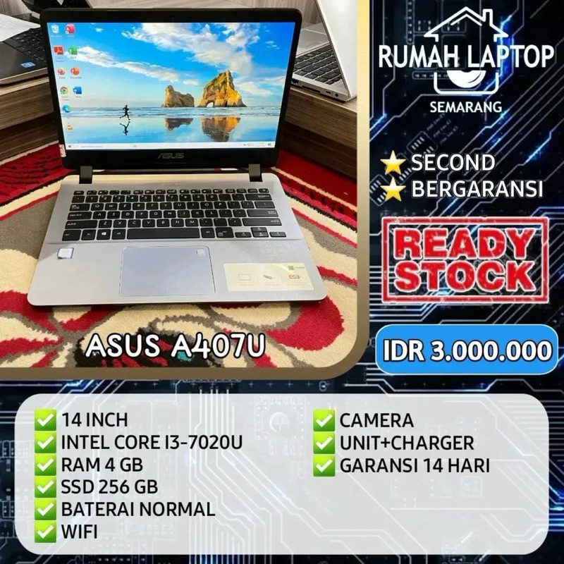 Laptop Asus A407U SLIM (second). Intel Core i3-7020U. RAM 4 GB. SSD 256 GB