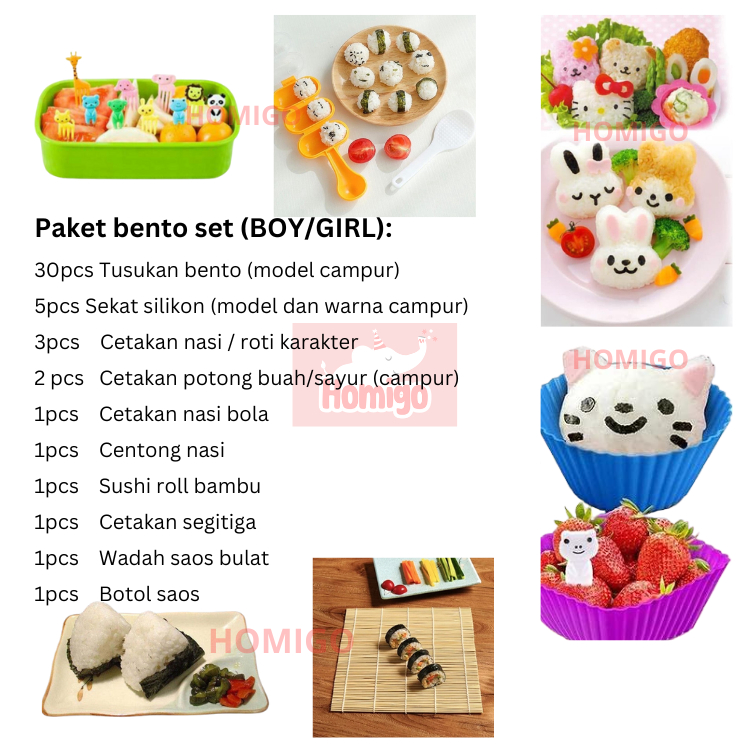 Limited Homigo Isi 50 Paket Perlengkapan Bento Anak Set Komplit Bekal Anak Sekolah Cetakan Nasi