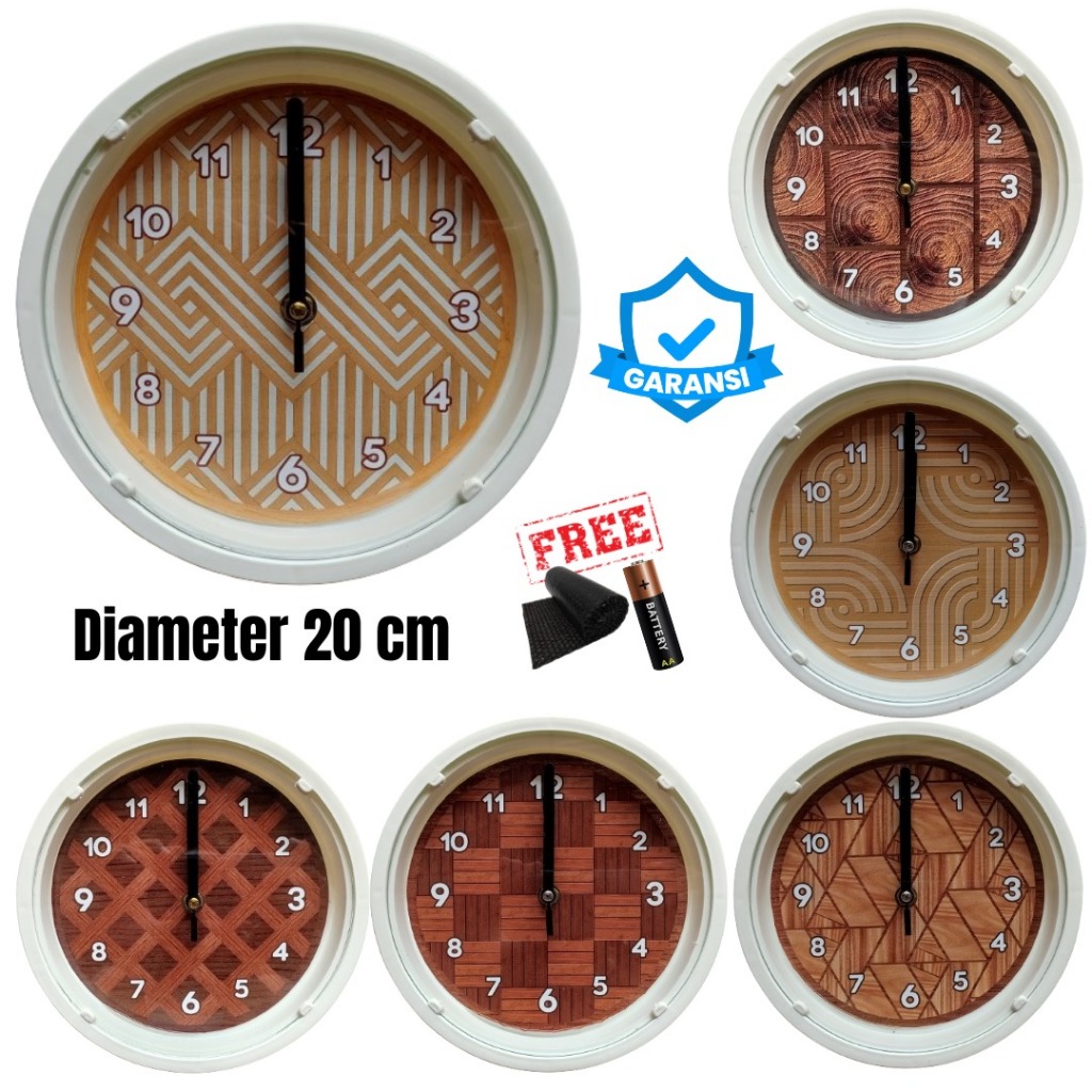 Jam Dinding dan Meja Wood Series Motif Kayu Custom Design Kamar Silent Sweep Diameter Kecil 20cm
