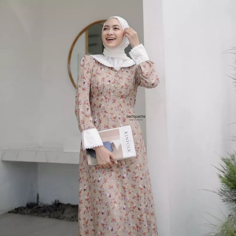 [BATIQUETTE] Fleurette Flowery Maxi Dress | Gamis Motif Bunga Ala Vintage Korea Busui Friendly