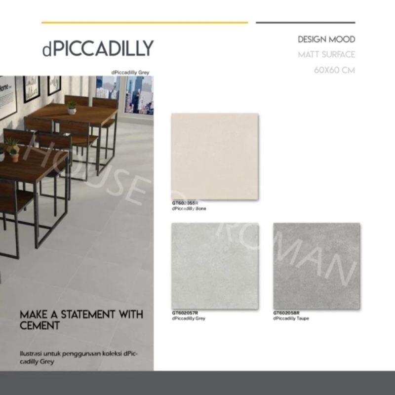 Roman Granit 60x60 dPiccadilly Series (Design Mood) / Granit Lantai Motif Semen Ekspose / Lantai Cem