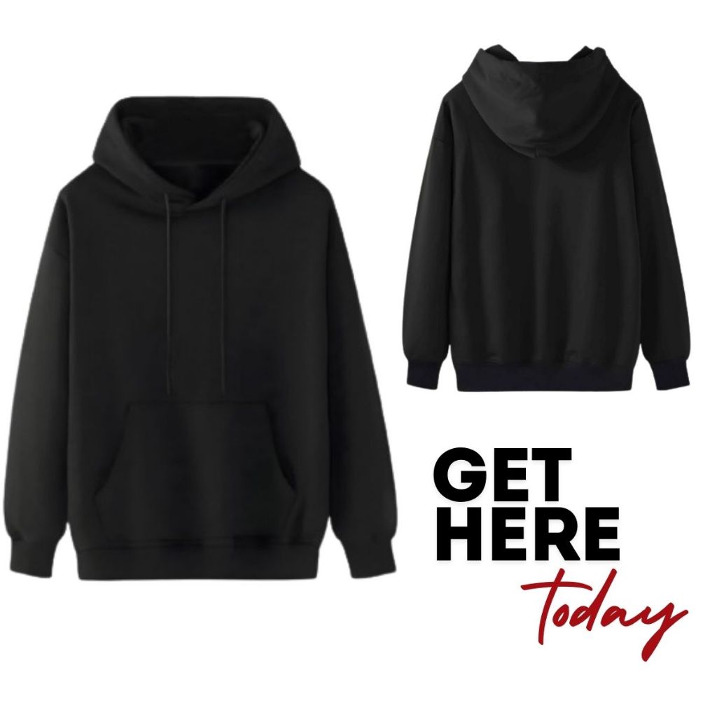 Hoodie Pria Wanita Hitam Polos Sweater Unisex Katun Halus Tebal Panjang Keren