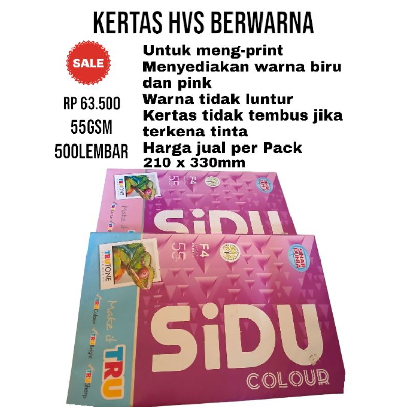 

{APM}Kertas HVS Berwarna F4 55GSM/Merek SIDU 500 lembar 215 x 330mm